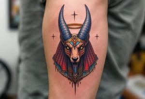 An Anubis with a Halo - Blending Egyptian mythology with Christian spirituality (only red , blue and black are possible colors) tattoo idea