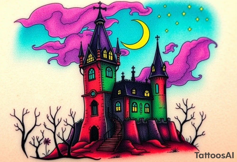 Tim Burton’s disney sleeping beauty’s haunted castle is abandoned and dripping with muted reds, dusty pinks, and eerie green glow.purple and cyan smokey clouds swirl in the crescent moonlit sky thats sprinkled with stars tattoo idea tattoo idea