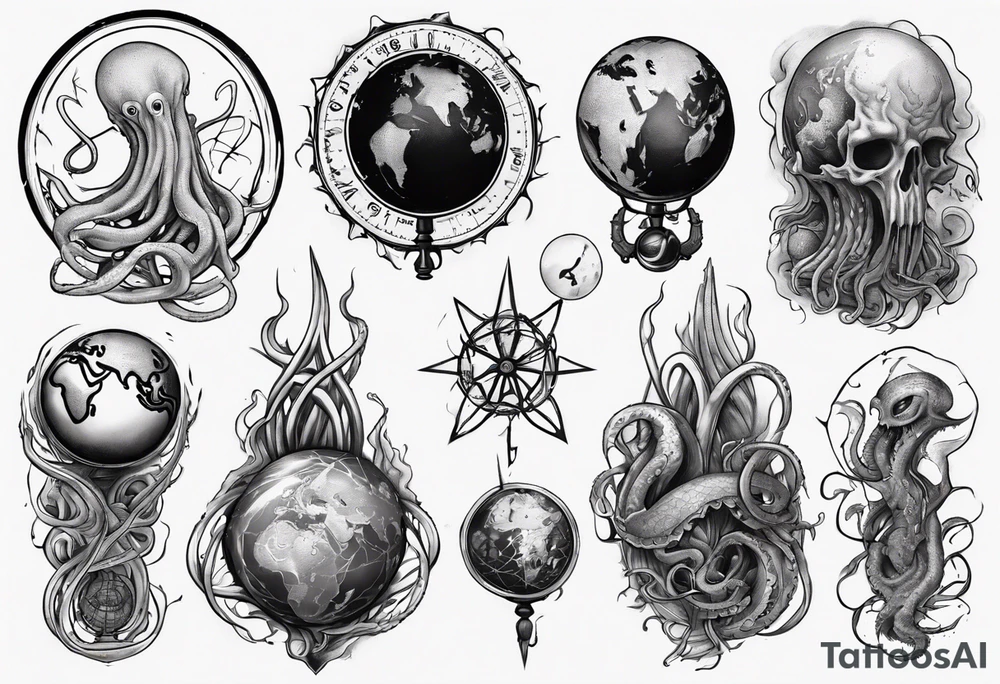 lovecraft myth tattoo for forearm tentacle +++ and little earth globe tattoo idea