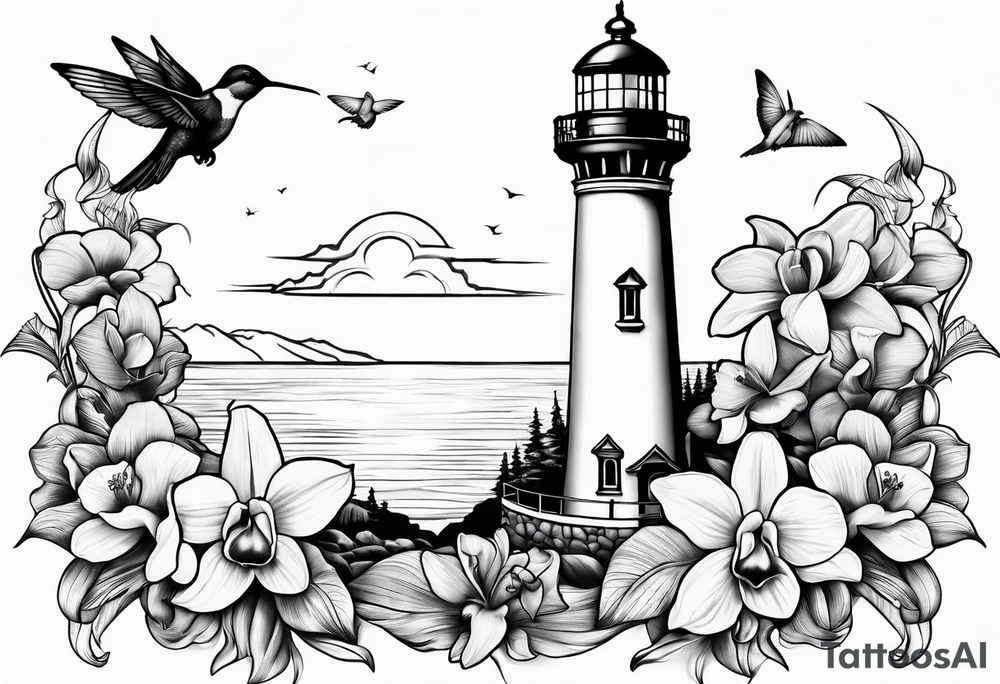 Lighthouse and an anchor and orchids and a hummingbird tattoo idea