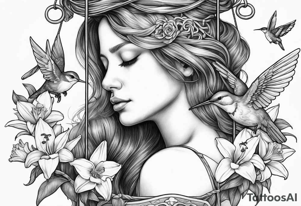 sad angel on swing from behind with head down and face covered by her hair surrounded by lily, daffodil, rose, daisy, narcissus holding a hummingbird tattoo idea