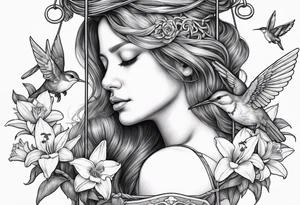 sad angel on swing from behind with head down and face covered by her hair surrounded by lily, daffodil, rose, daisy, narcissus holding a hummingbird tattoo idea