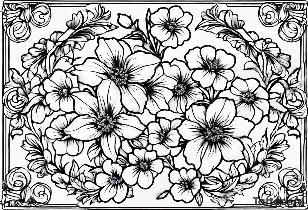 Simple Tattoo of larkspur, stemmed carnation, stemmed violet, stemmed daisy tattoo idea