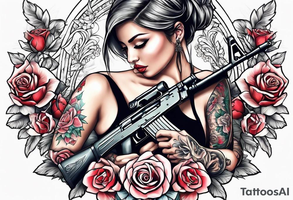 Beautiful angle with tattoos surrounded by roses holding a ak 47 tattoo idea