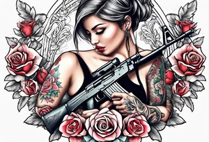 Beautiful angle with tattoos surrounded by roses holding a ak 47 tattoo idea