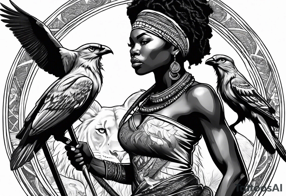 African woman warrior holding a spear with birds and lion in the background tattoo idea