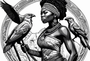African woman warrior holding a spear with birds and lion in the background tattoo idea