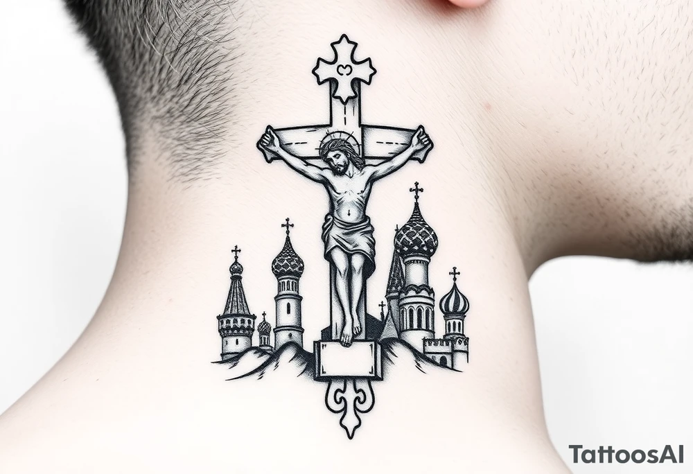 Traditional orthodox ICXC Christian cross with Jesus Christ on the cross also with the foot rest part of the cross in a Russian Kremlin setting tattoo idea