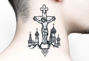 Traditional orthodox ICXC Christian cross with Jesus Christ on the cross also with the foot rest part of the cross in a Russian Kremlin setting tattoo idea