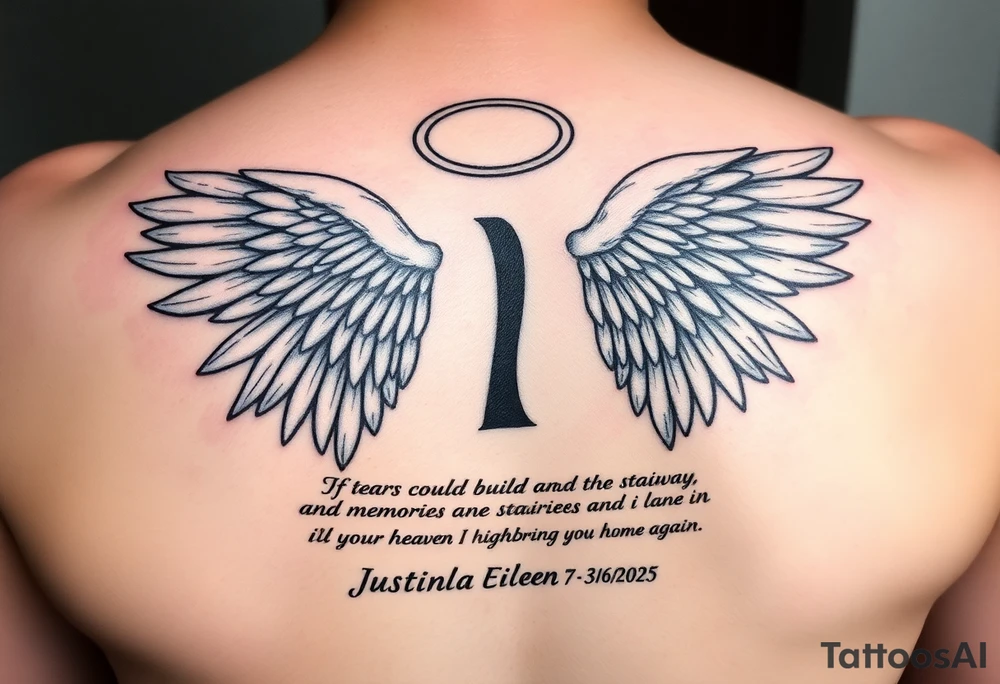 A semicolon intertwined with angel wings and a halo. At the bottom add this quote "If tears could build a stairway, and memories a lane, I'd walk right up to heaven and bring you home again." And also add my mother's name somewhere (Justina Eileen) and these dates 7/10/1984 - 3/6/2025 tattoo idea