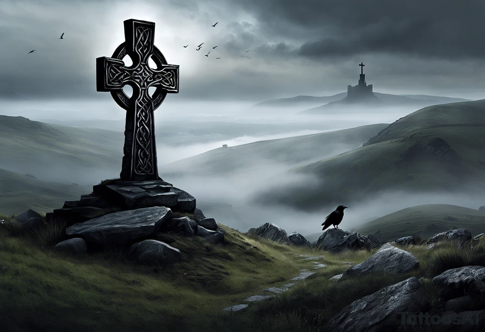 A stone Celtic cross solemnly standing atop a hill, a raven perches atop the cross staring out over the desolation. A ruined stone wall lies crumbling near the cross. Mist rolls along the hilltops adding to the melancholic nature of the scene tattoo idea