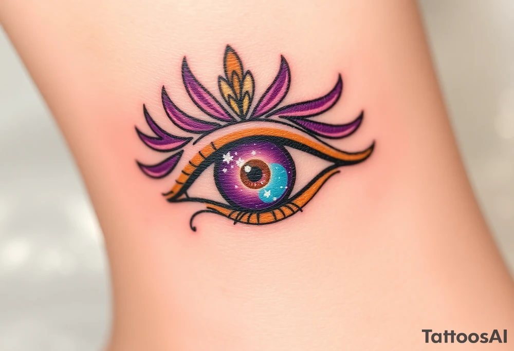 A celestial Eye of Horus with a cosmic galaxy inside the iris, swirling in shades of purple, blue, and gold tattoo idea