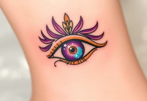 A celestial Eye of Horus with a cosmic galaxy inside the iris, swirling in shades of purple, blue, and gold tattoo idea