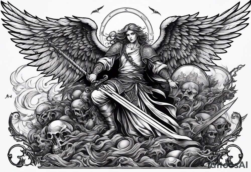 Angel with long sword on a pile of dead demons in etchwork style tattoo idea