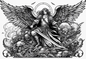 Angel with long sword on a pile of dead demons in etchwork style tattoo idea