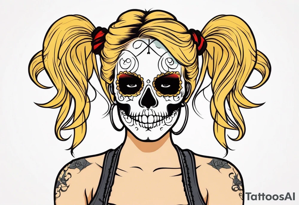 feminine skull  with hair in two blonde pigtails and crossbones underneath tattoo idea