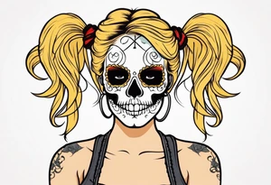 feminine skull  with hair in two blonde pigtails and crossbones underneath tattoo idea