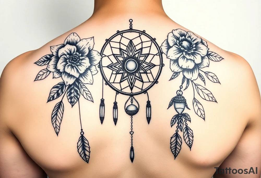 Boho dream catcher with gothic compass and hourglass. Beautiful flowers and an ornamental chandelier like look tattoo idea