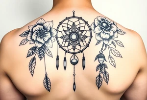 Boho dream catcher with gothic compass and hourglass. Beautiful flowers and an ornamental chandelier like look tattoo idea