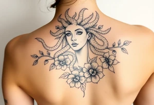 medusa  with snakes coming out of her head with flowers tattoo idea