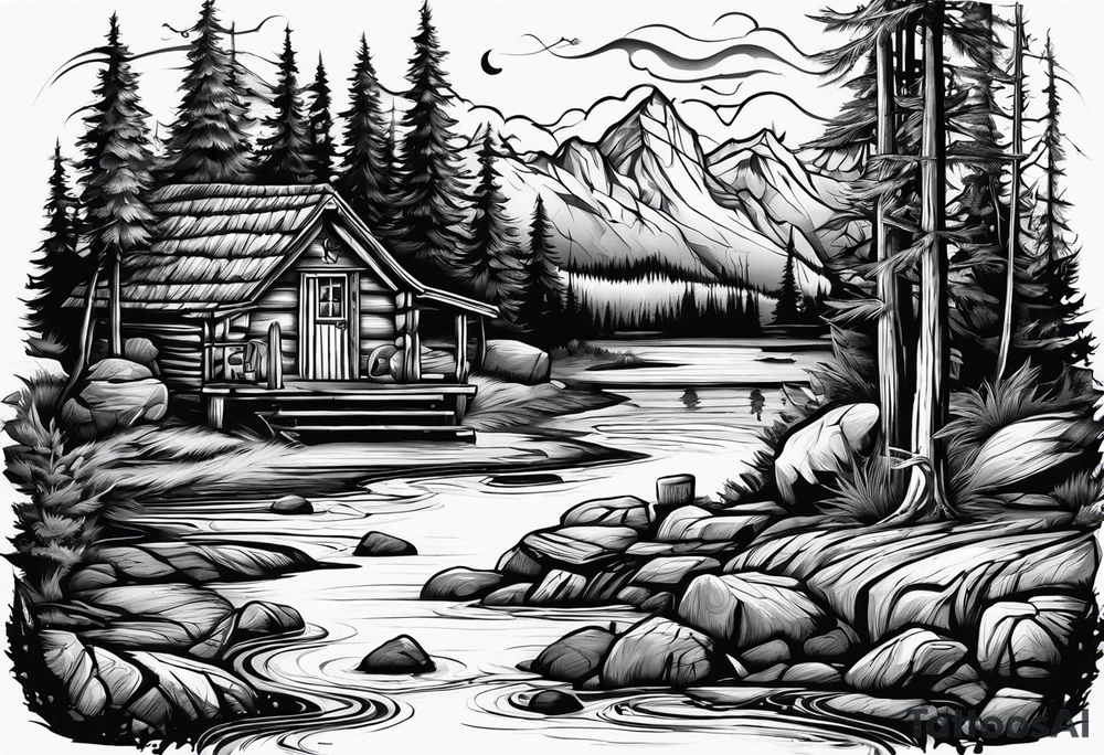 caveman weekend with cross, golf, bourbon, campfire and cabin tattoo idea