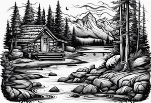 caveman weekend with cross, golf, bourbon, campfire and cabin tattoo idea