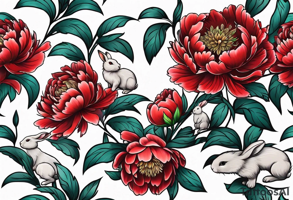 Red peony with tiny cute rabbit tattoo idea
