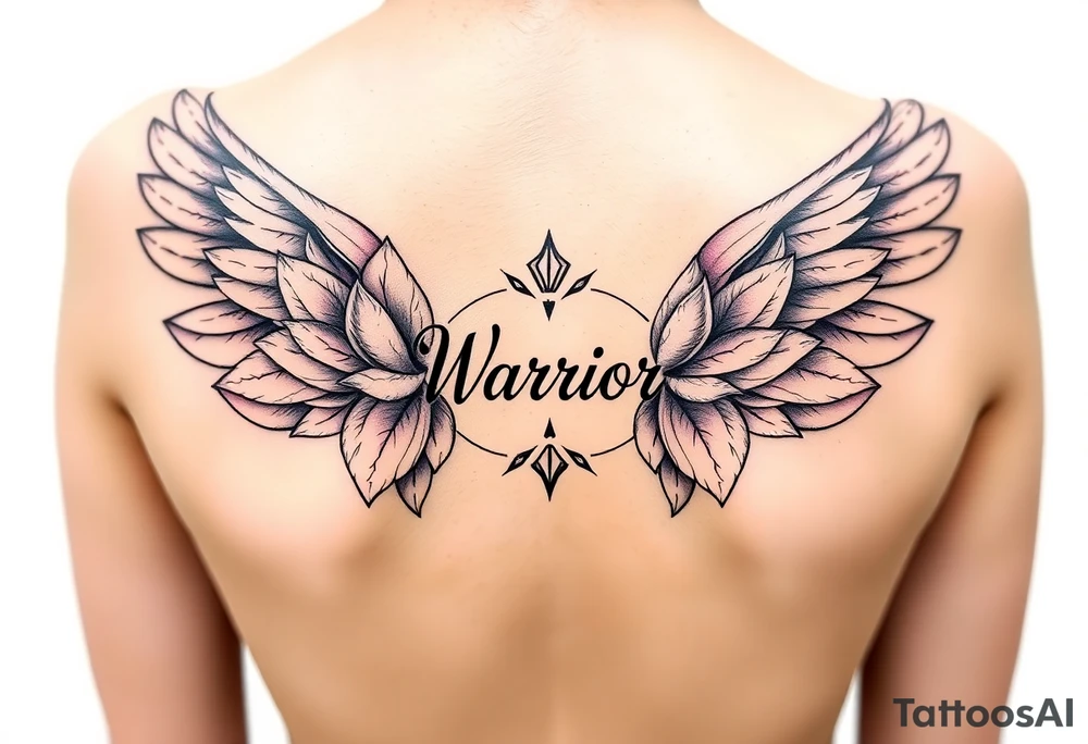 lotus flowers beautiful bold angel wings with word "Warrior" resembling strength and resilience tattoo idea