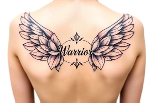 lotus flowers beautiful bold angel wings with word "Warrior" resembling strength and resilience tattoo idea