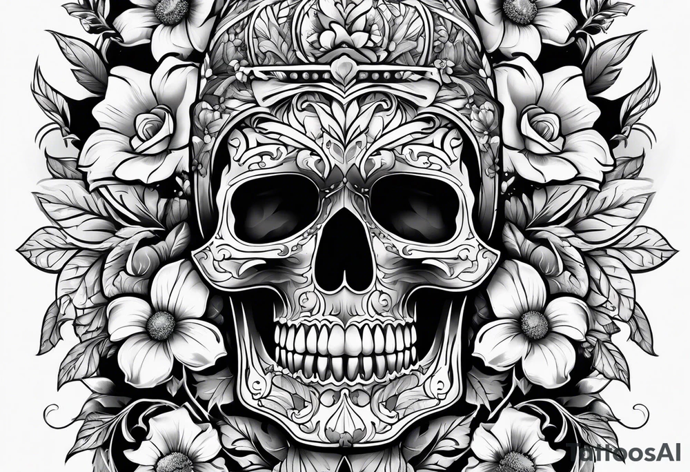 Upper arm sleeve skulls and flowers tattoo idea