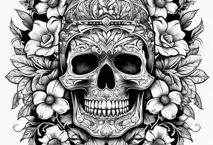 Upper arm sleeve skulls and flowers tattoo idea
