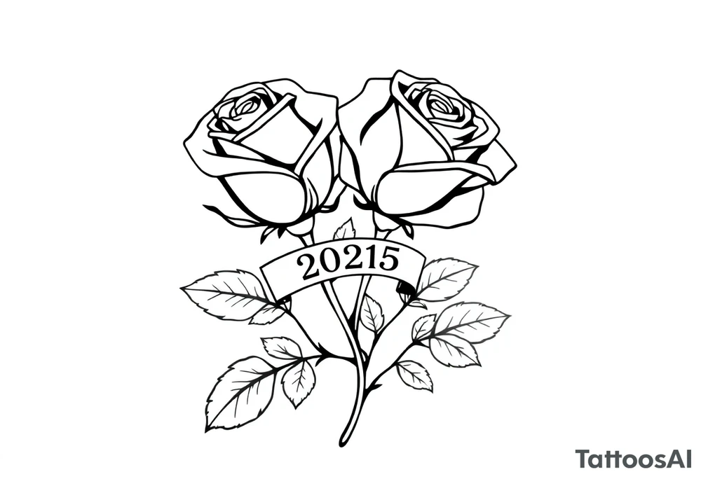 two beautiful large rose buds, one larger than the other, with many leaves next to the rose buds, with one sitting higher than the other. Include a banner connecting the two roses with the year "2025" on it.   Use dark outlines with little shading. The two stems should be short, not long, and connect and join into one stem, whimsically curved or twisted - not straight down. tattoo idea