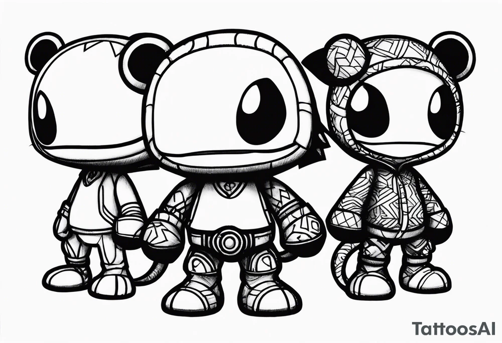 Three sackboy from "litten big planet" in a row tattoo idea