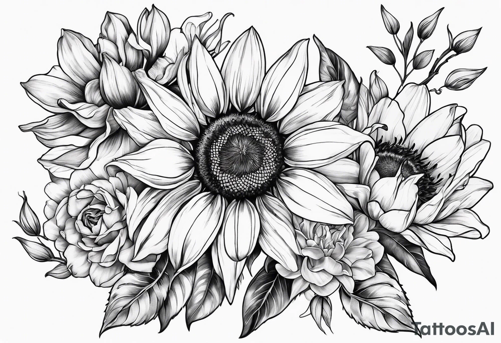 sunflower, lily, peony, cherry blossom and tulip tattoo idea