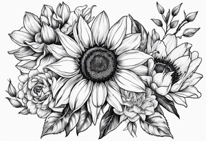 sunflower, lily, peony, cherry blossom and tulip tattoo idea