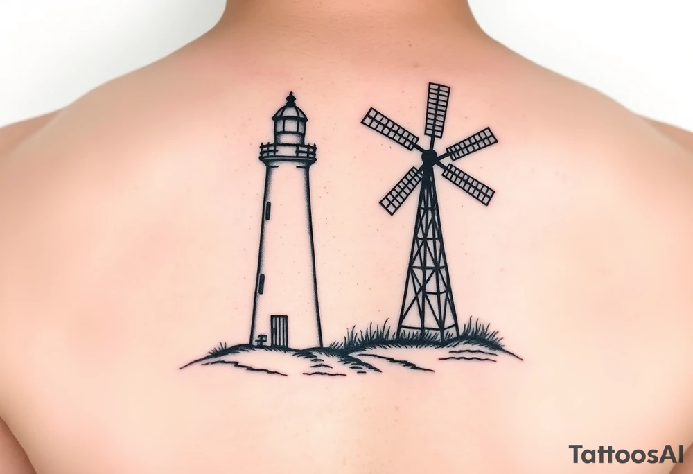 Combine Left half of lighthouse with right half of farm windmill. Simple lines minimalist slightly offset tattoo idea