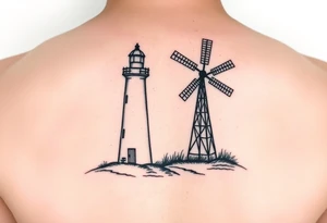 Combine Left half of lighthouse with right half of farm windmill. Simple lines minimalist slightly offset tattoo idea