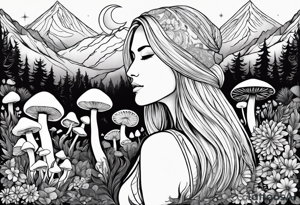 Blonde long straight hair older woman no face surrounded by mushrooms facing mountains crescent moon background tattoo idea