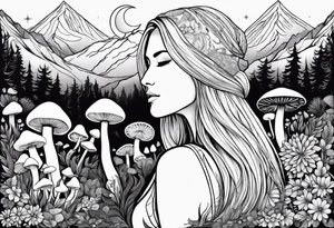 Blonde long straight hair older woman no face surrounded by mushrooms facing mountains crescent moon background tattoo idea