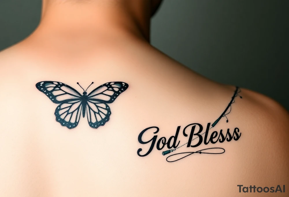 The words No Rush with a monarch butterfly and the words God Bless with a fishing pole. Tattoo is masculine for the upper arm tattoo idea