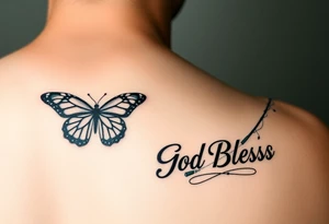 The words No Rush with a monarch butterfly and the words God Bless with a fishing pole. Tattoo is masculine for the upper arm tattoo idea