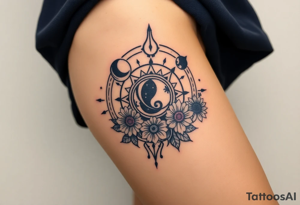 Milky way galaxy with planets with zodiac symbols and protection runes in it with tigerlillies roses and sunflowers tattoo idea