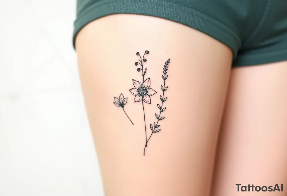 Simple small design in black bunch of flowers individual stems 1 lily of the valley 1 daffodil 1 December holly bush 1 larkspur tattoo idea