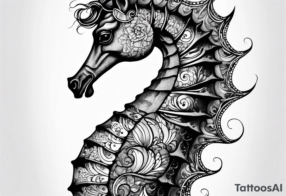 seahorse on white background, black and white fit in picture tattoo idea