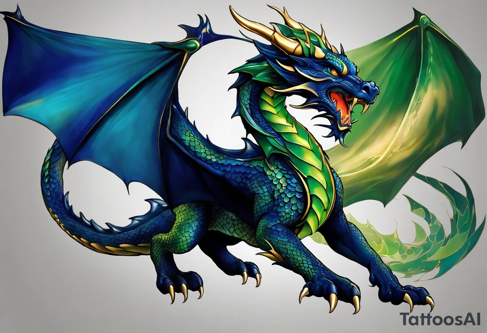 An epic floating wingless dragon, its body coiling dynamically, with scales and horns detailed to create a sense of movement and strength. The dragon's main color is dark blue but features accents in green, blue, and gold, giving a vibrant depth and a mystical aura. This tattoo highlights the dragon’s fierce expression and sharp claws as it wraps protectively around the leg. Style: Realism tattoo idea