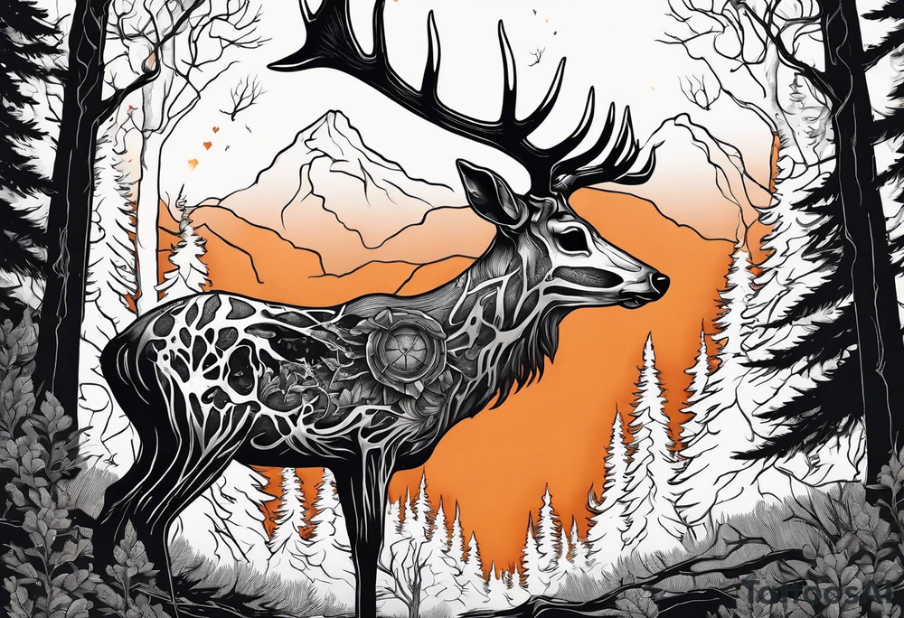 A side view of a decayed deer skull JUST BONE surrounded by trees and fire in background tattoo idea