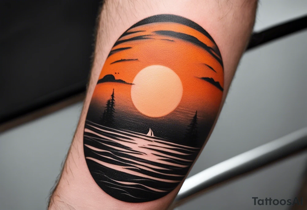 This is an extremely simple and minimalistic tattoo on male forearm. It is black and white with minuscule splashes of orange from the sun. The tattoo 4 inches wide by 2 inches tall. From the perspective of being on the ocean, Water is calm, with no waves in sight, the sun is setting behind the ocean, reflecting light onto the water. The water has shading. tattoo idea