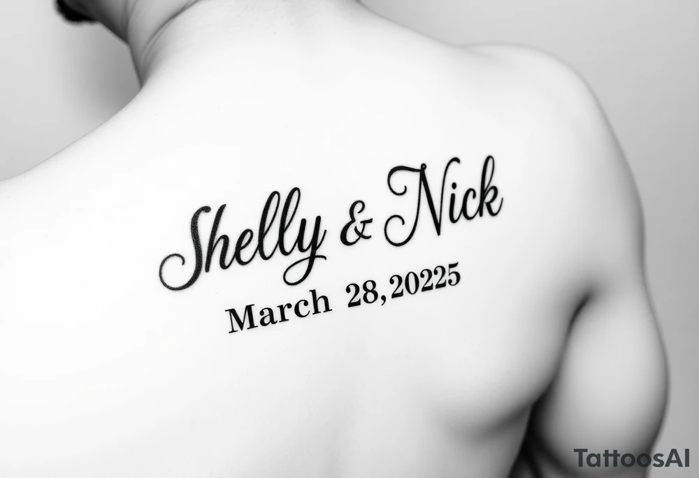 stylized "Shelly + Nick" with date March 28 2025 tattoo idea