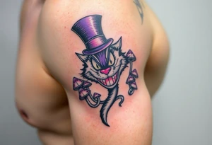 colourful Cheshire Cat from Alice in Wonderland, with a top hat on its head and mushrooms tattoo idea