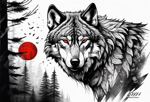 wolf with red eyes
date 13/02/2022 in roman numerals
forest background tattoo idea